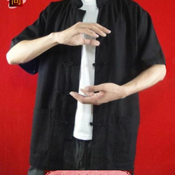 テーラード職人仕上げ 手作りチャイナ カラー付きプレミアムリネン生地太極拳用　黒シャツ#101 3枚目の画像