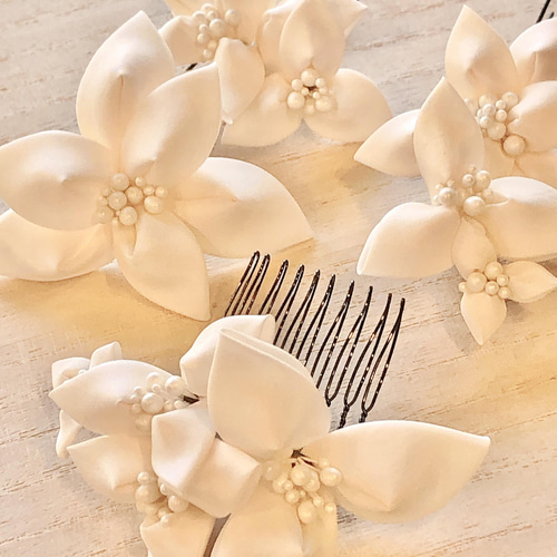 白いシルクの花髪飾り5点セット・結婚式・白無垢・ウエディングドレス