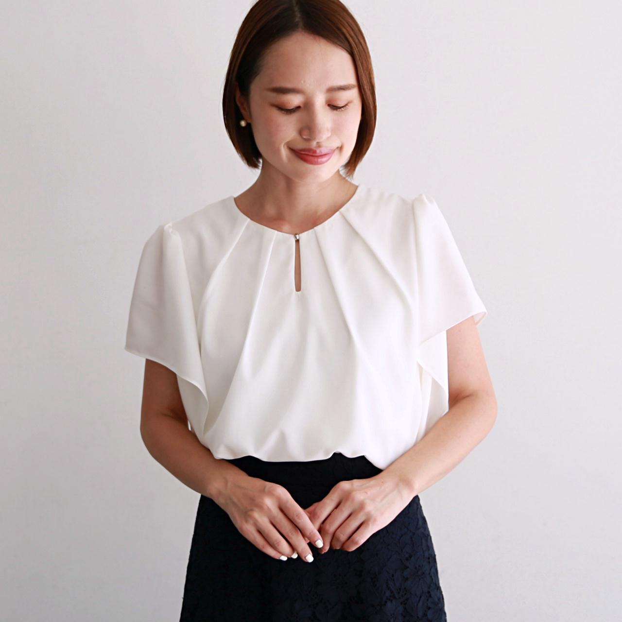 完売　美品　アナイ　シフォン　ブラウス　フレンチスリーブ　白　ゆったり　プリーツ フレンチスリーブ シフォンブラウス ホワイト 0484WH ブラウス