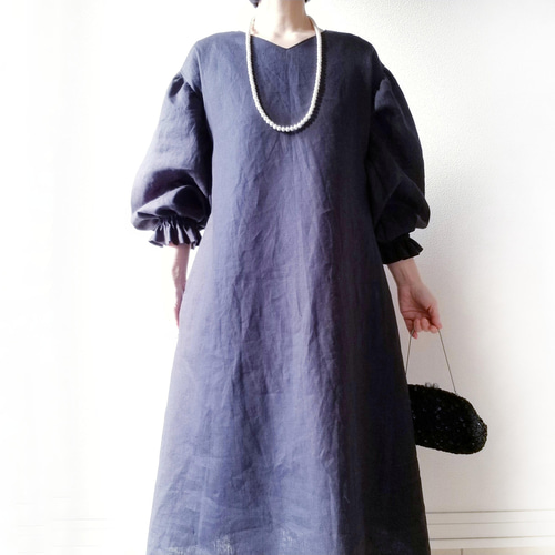 高品質ベルギーリネン♡クラシカルなフリル袖 ロングワンピース ライト  