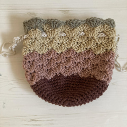 松編み巾着　ブラウン 3枚目の画像