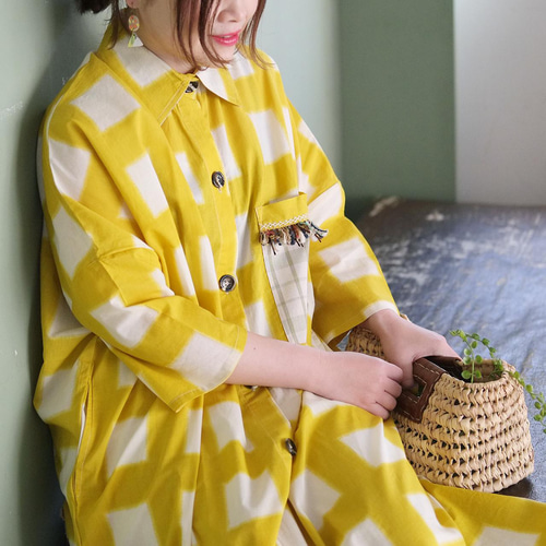 身幅ゆったり！チェック柄前開きシャツワンピース（22s-11）ミモザ