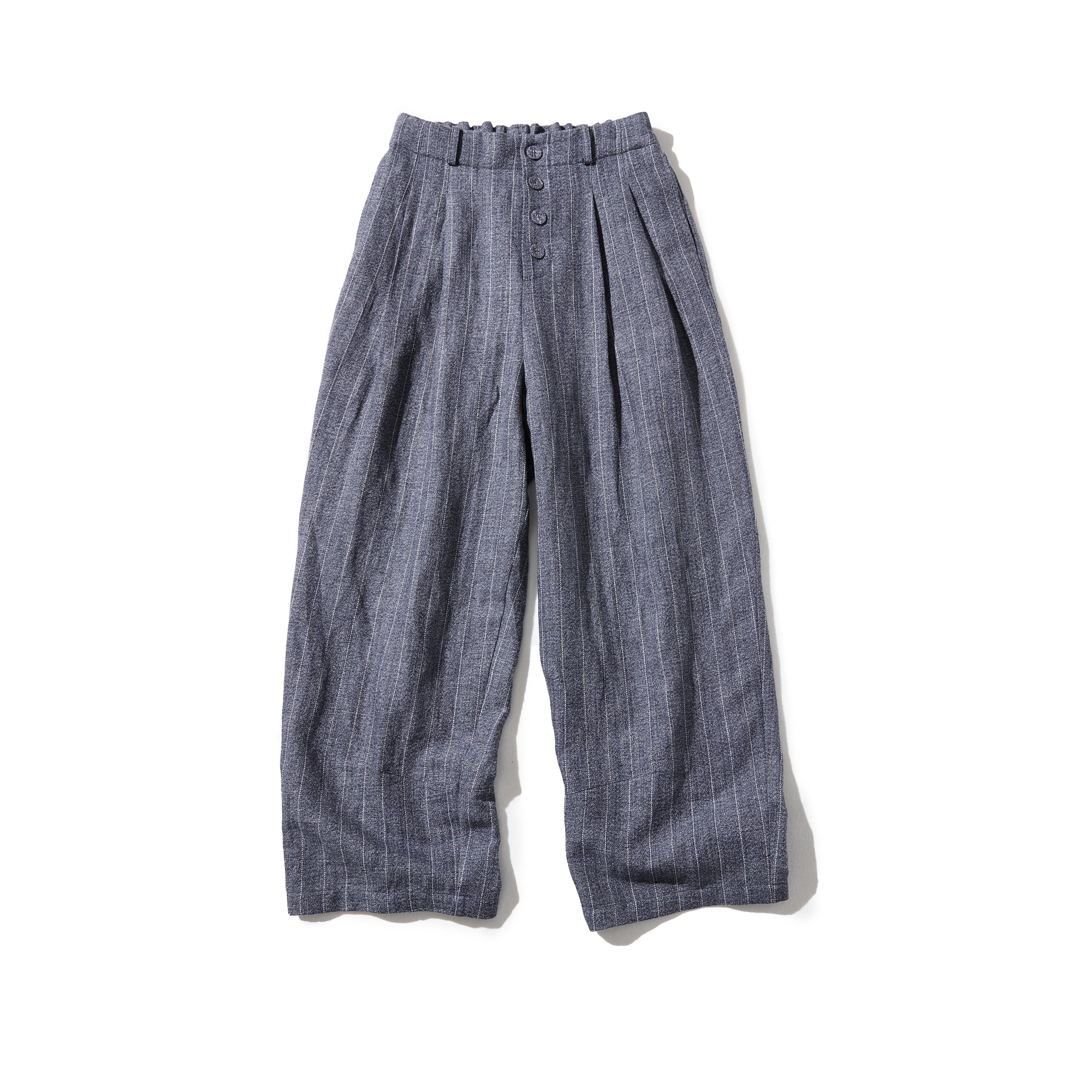 断然着回せる、楽してすっきり見えワイドパンツ ストライプハイウェストパンツ 灰がかった渋みのある青色 220308-1