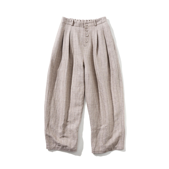寬褲有趣又俐落，可以搭配多種不同的服裝 條紋高腰褲 棉麻 米色 220308-3 第1張的照片