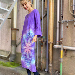 紮染長袖連衣裙 靚麗紫配七彩雪花曼陀羅 HD16-12 第5張的照片