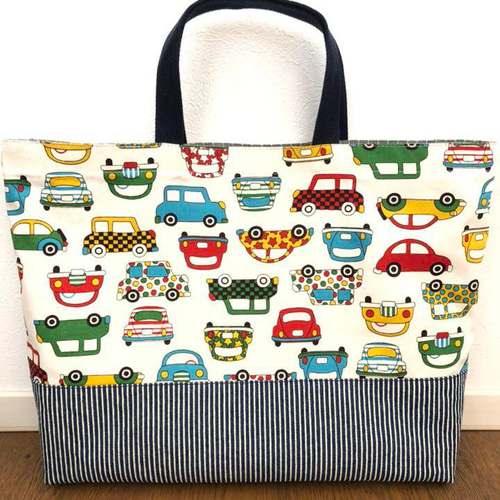 45×35 大きめ レッスンバッグ ハンドメイド 車柄×ヒッコリーデニム 