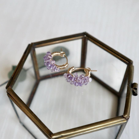 ｛ピアス/イヤリング｝14kgf/petit berries hoops ラベンダーアメジスト〔2月誕生石〕 7枚目の画像