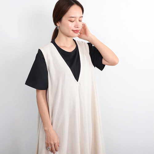 IN NATURAL コットンリネンギャザー入りジャンバースカート