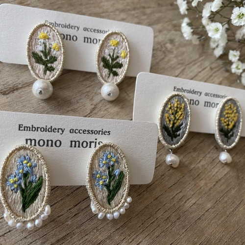 マトリカリア＊刺繍イヤリング/ピアス グレー 春の花 コットンパール 
