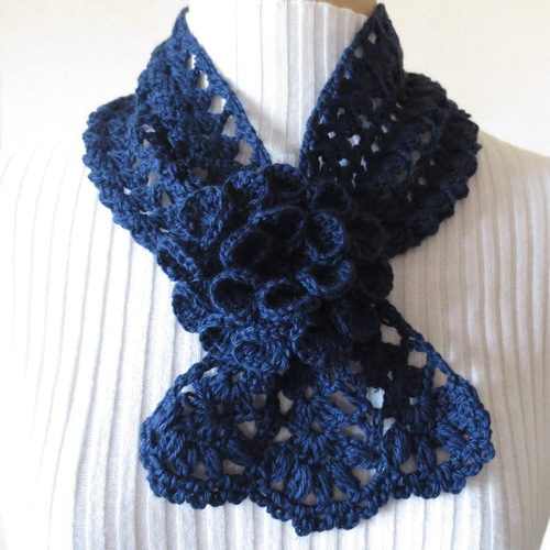 かぎ針編みの花モチーフ付きプチストール 毛*綿*麻 UV・冷房対策にも