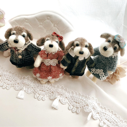 おめかしシュナちゃん(ブルー) 羊毛フェルト 羊毛フェルト犬