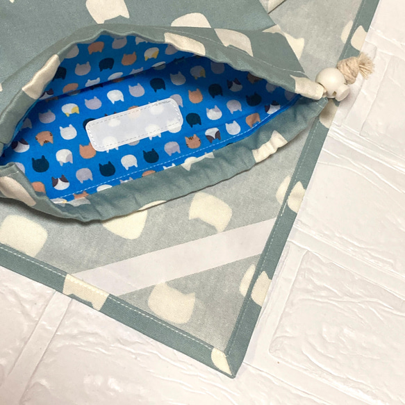 給食袋　巾着　二枚仕立て　ランチョンマット　ナフキン　40✖️60 大きいサイズ　ねこ　シルエット　ブルー 2枚目の画像