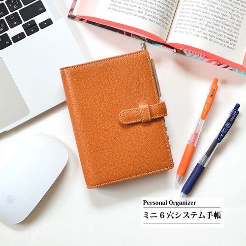 ミニ6穴のシステム手帳 ：キャメル】ピック（豚）革製 MK-1501-PP_belt 手帳カバー 村の革屋さん 通販｜Creema(クリーマ)  13580011