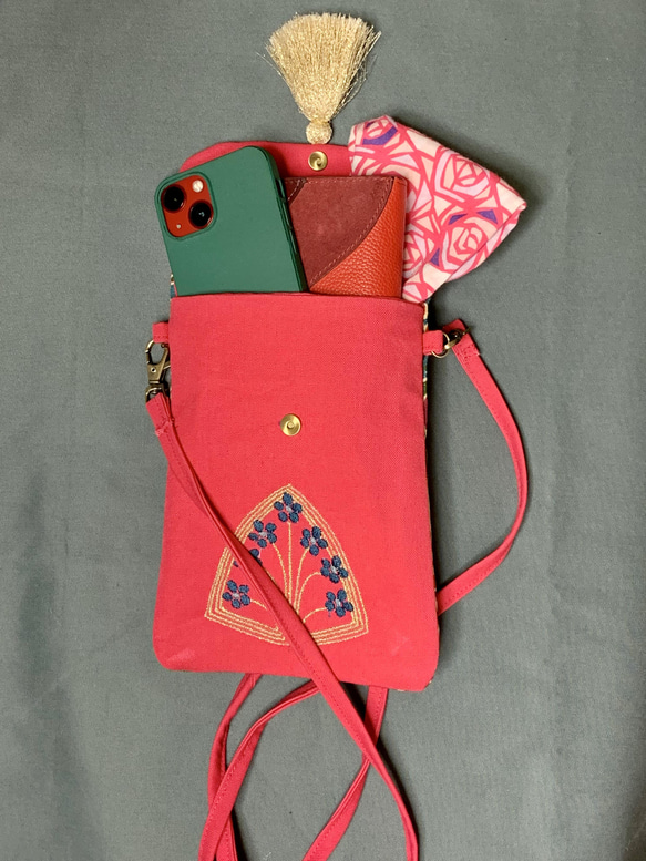 リバティーホーム布と刺繍のサコッシュ(ポシェット)ピンク 5枚目の画像