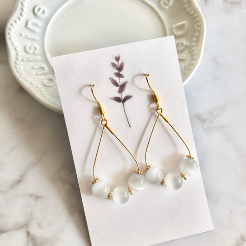 天然石 キャッツアイ ホワイト イヤリング ピアス ハンドメイド