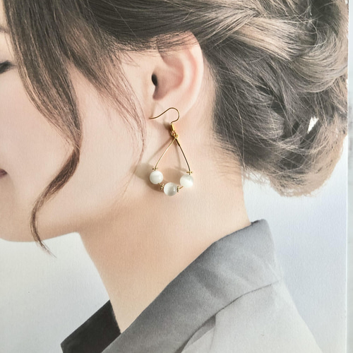天然石 キャッツアイ ホワイト イヤリング ピアス ハンドメイド