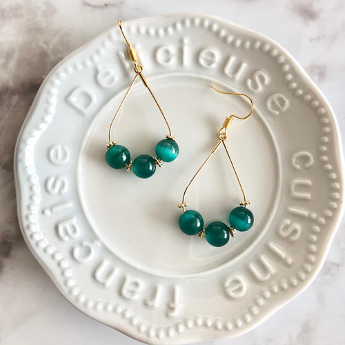 天然石 キャッツアイ グリーン イヤリング ピアス ハンドメイド 大ぶり