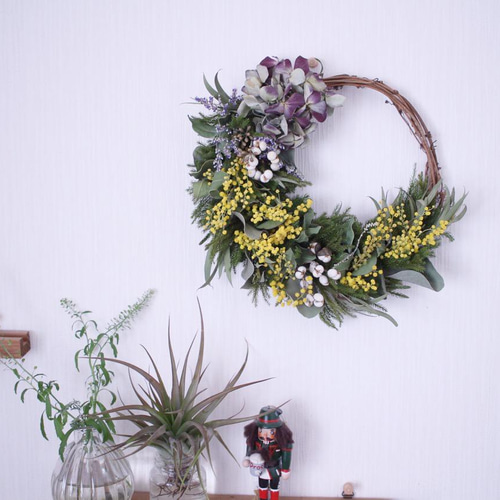 秋色紫陽花とミモザのハーフリース✳︎ドライフラワー◎23センチ