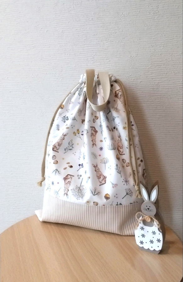 【再販/受注製作/オーダー可】~Milky rabbit~　体操服袋　お着替え袋　裏地付き　持ち手付き　うさぎ　北欧 3枚目の画像