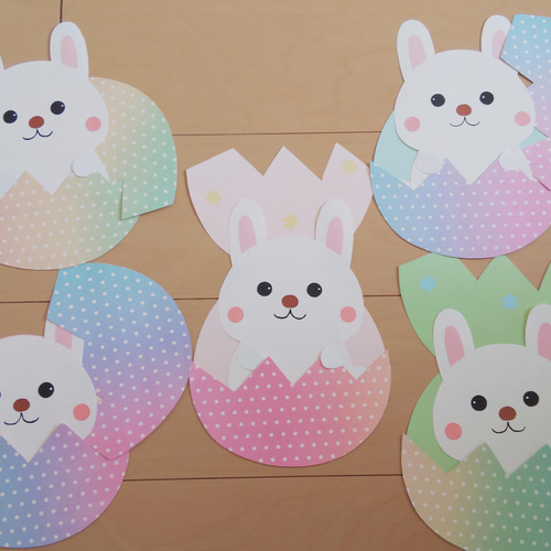 ハンドメイド　イースターエッグ　ウサギのイラスト　木製　壁掛け　飾り 壁面飾り イースター うさぎ・たまご 5セット 切り絵 はるいろ＊ 通販