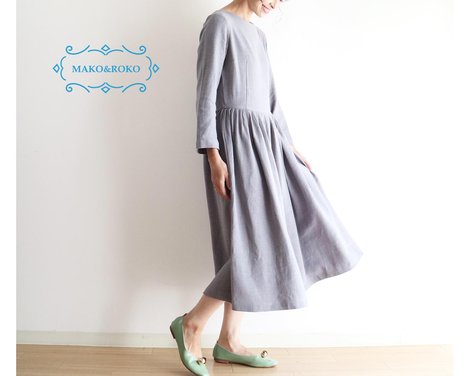 春【アイスグレー】中厚ソフト綿麻★ふんわりウエスト切替えギャザーワンピース☆