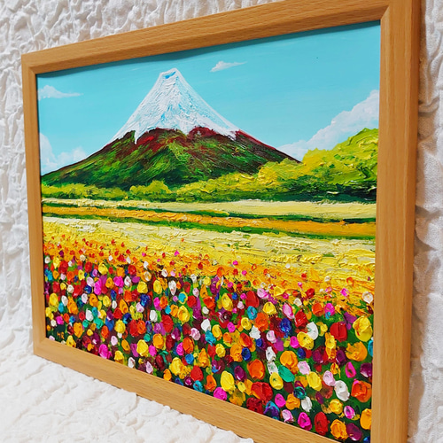 油絵 絵画  アートパネル【お花畑と富士山】 油絵 絵画 【お花畑と富士山 】【A3】 - HR | minne byGMO