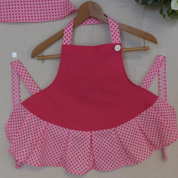 女児用エプロン 三角巾セット ピンク色の水玉模様 11枚目の画像