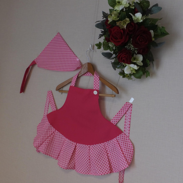 女児用エプロン 三角巾セット ピンク色の水玉模様 12枚目の画像