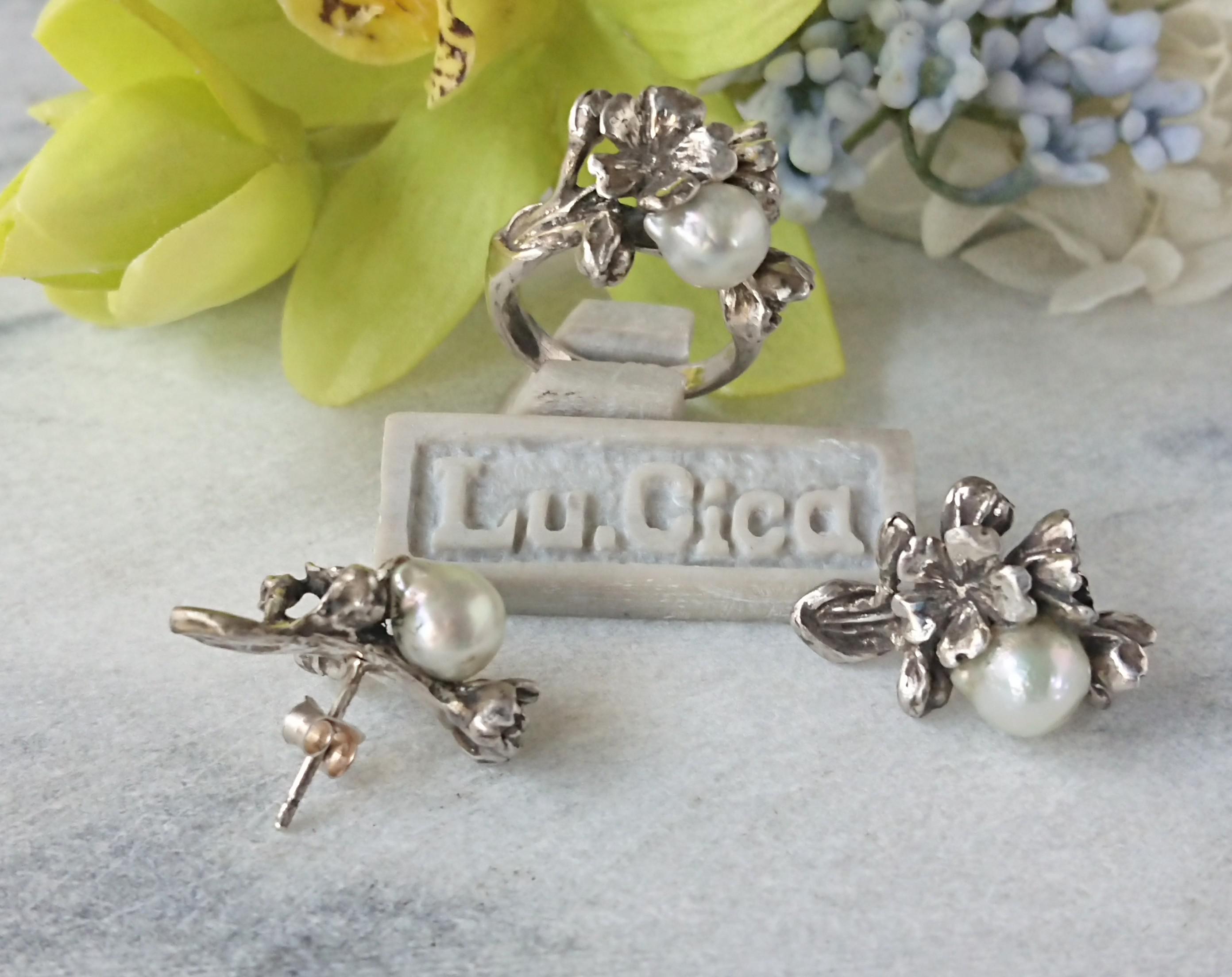 桜ハンドメイド2023 天然 真珠とsilverの桜のリング・ピアス