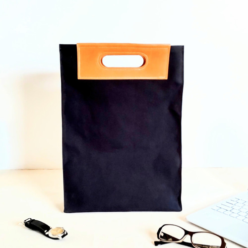 帆布とレザーの紙袋風手提げバッグ◇11号帆布＆本革◇クラッチバッグ