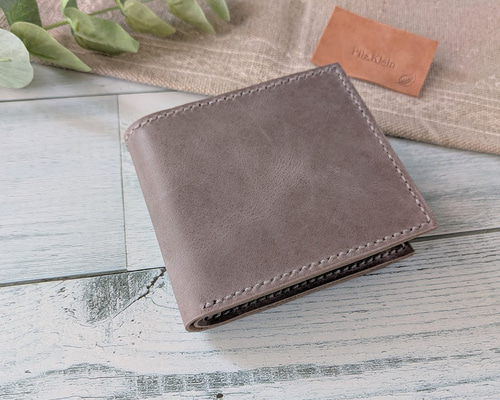 2つ折り財布（グレー） ボックス型小銭入れ 革小物 レザークラフト