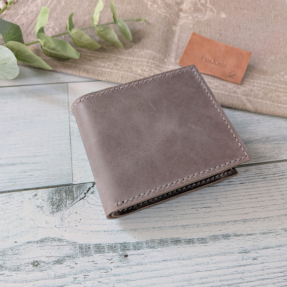 2つ折り財布（グレー） ボックス型小銭入れ 革小物 レザー