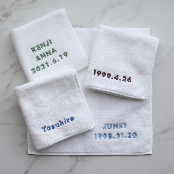 【ゴシック体】メッセージ刺繍ハンドタオル  ハンカチ イニシャル 名前入れ 文字入れ モノトーン シンプル 12枚目の画像