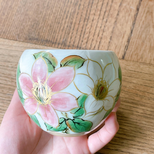 京焼・清水焼 陶あん】玉湯呑み ピンク鉄線 湯呑み 京焼・清水焼窯元