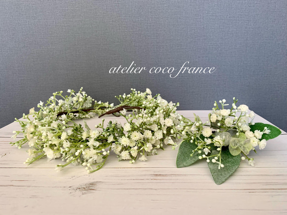 【花嫁応援価格】⭐︎かすみ草とクリーミーグリーンのボタニカル花冠・ブートニア付き 6枚目の画像