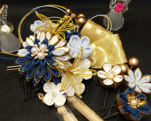 ちりめん髪飾り セット 鶴 水引き 白×ゴールド ハンドメイド