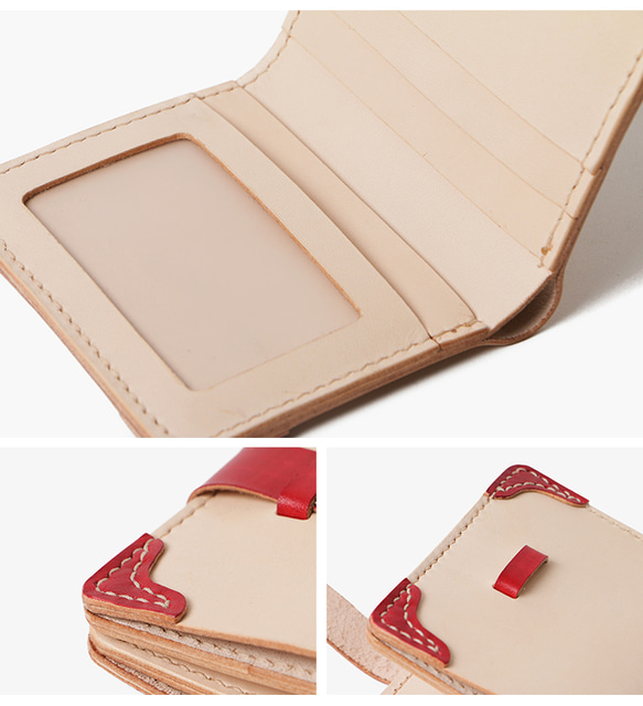 高級革二色財布　二つ折り　本革　イタリアンレザー　薄いミニ財布　オフホワイト　レッド　春財布 5枚目の画像
