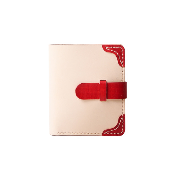 高級革二色財布　二つ折り　本革　イタリアンレザー　薄いミニ財布　オフホワイト　レッド　春財布 4枚目の画像