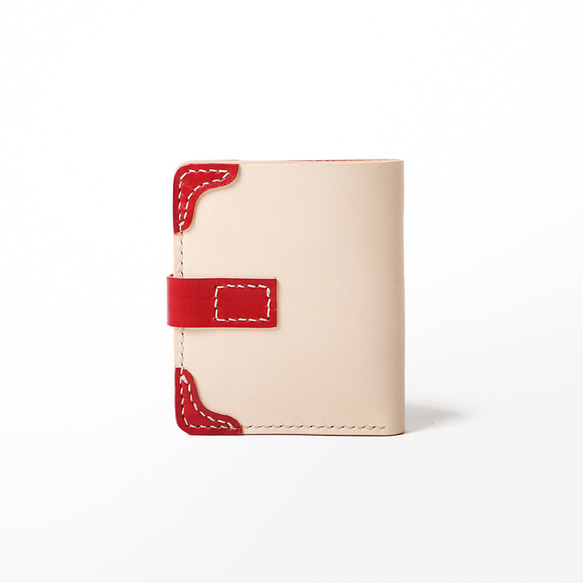 高級革二色財布　二つ折り　本革　イタリアンレザー　薄いミニ財布　オフホワイト　レッド　春財布 3枚目の画像