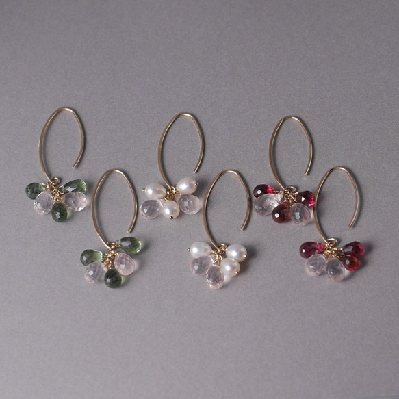 # 906_GR 14kgf 櫻花粉玫瑰石英和綠色磷灰石橢圓形鉤形耳環 第4張的照片