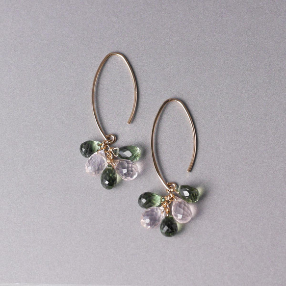 # 906_GR 14kgf 櫻花粉玫瑰石英和綠色磷灰石橢圓形鉤形耳環 第3張的照片