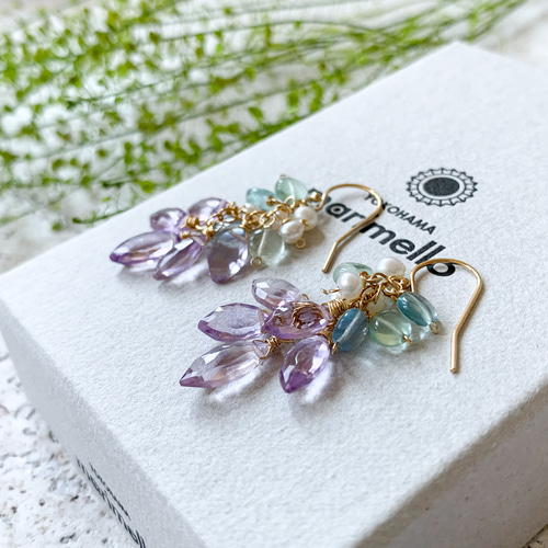 14kgf*ピンクアメジストとフローライトの夢色紫陽花ピアス／イヤリング