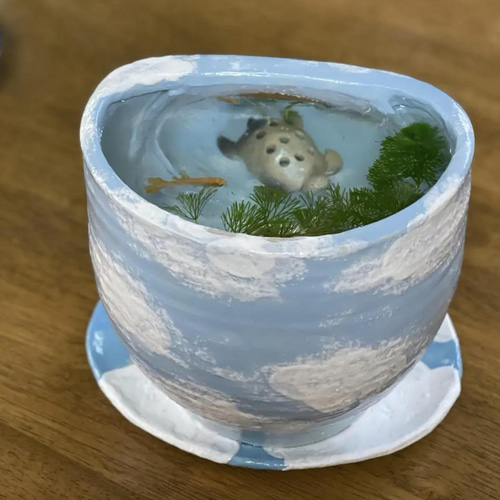 メダカが青空を飛ぶ姿を眺められる陶器のガラス窓付き水槽&青空