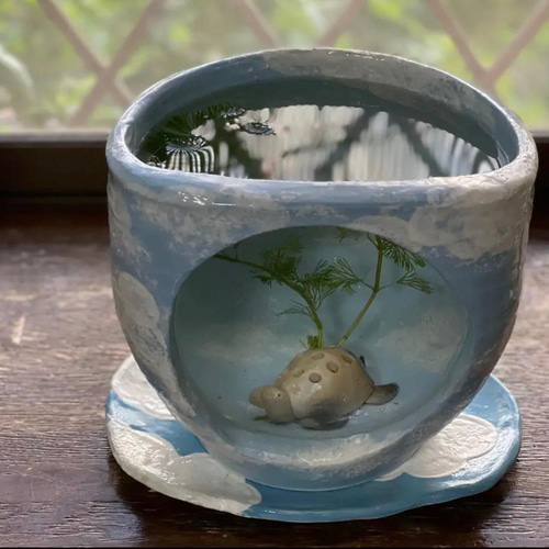 メダカが青空を飛ぶ姿を眺められる陶器のガラス窓付き水槽&青空