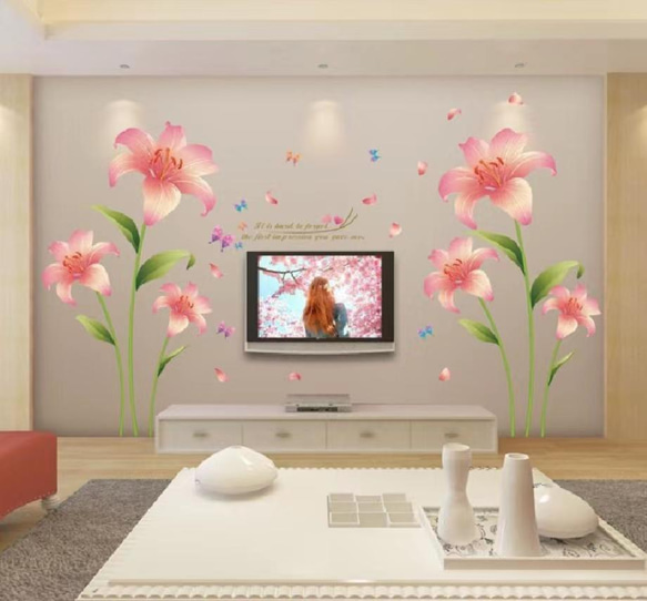 ウォールステッカー S644 ピンクのタマスダレ　花　蝶　癒す　DIY 壁シール　インテリアシート　剥がせるシール 5枚目の画像