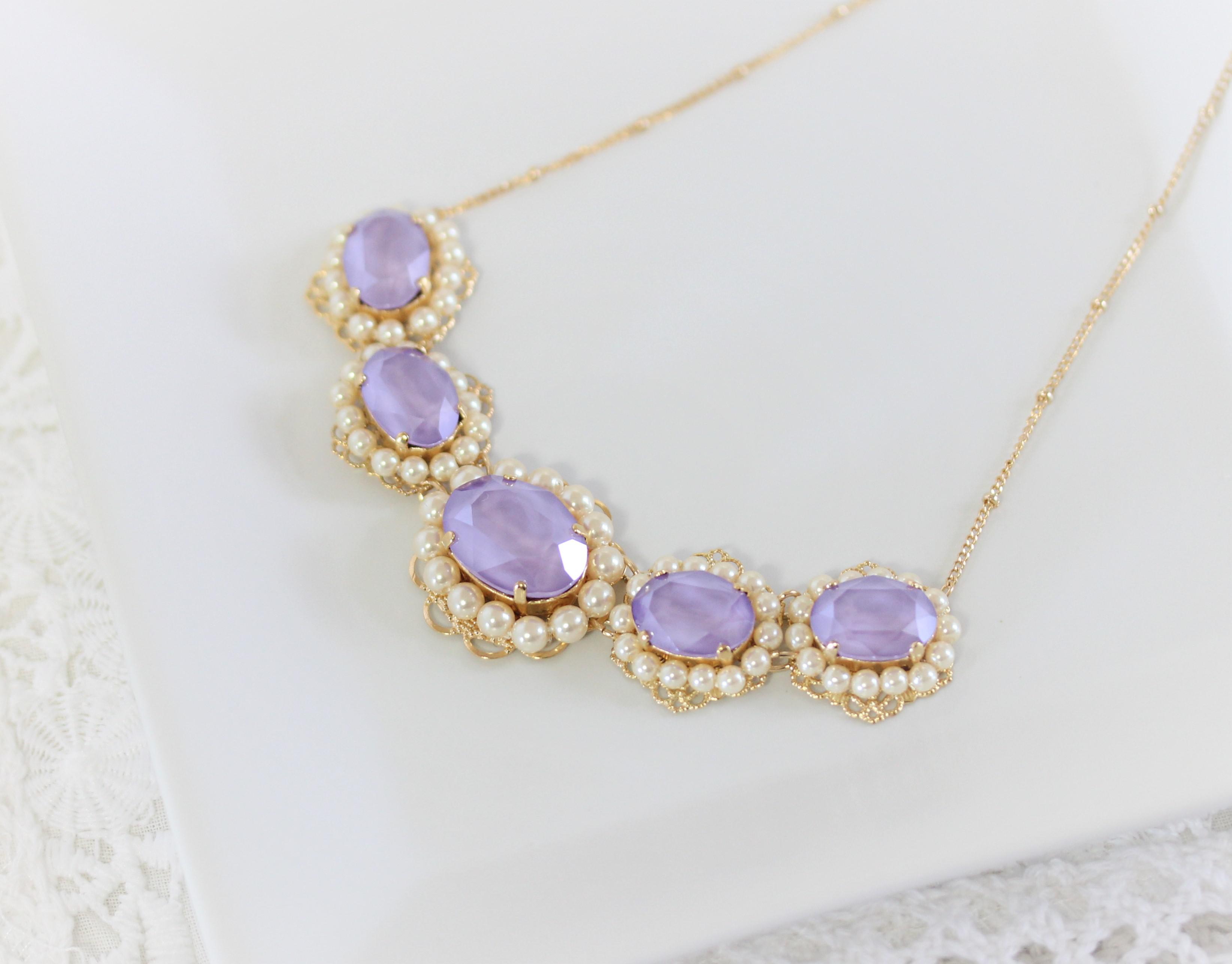 スワロフスキー＆パールデザインゴールドネックレス（クリスタル ライラック）