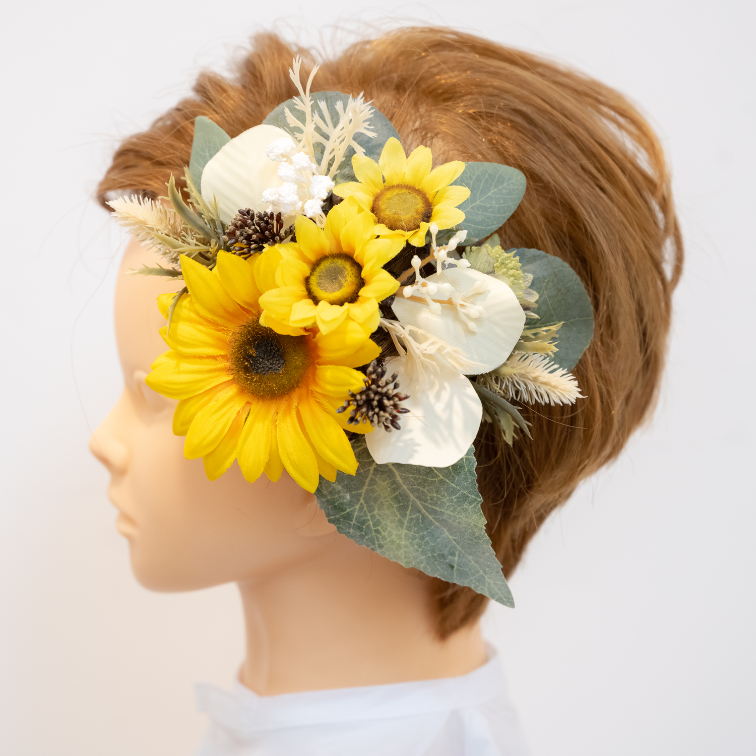 【ショートヘアー・ベリーショートのウェディングヘッドドレスB】ヒマワリ（向日葵）のボンネ風髪飾り 結婚式ヘッドパーツ