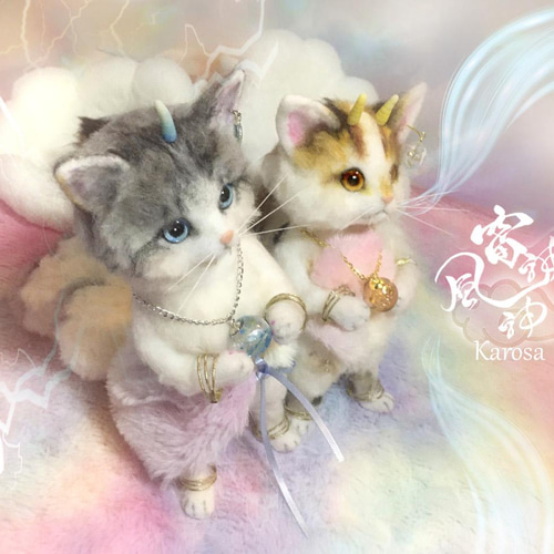 風神雷神 ファンタジー猫 Mさま考案✨ 羊毛フェルト アートドール 羊毛