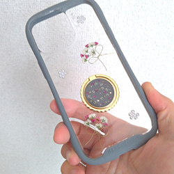 iPhoneケース　スマホケース　スマホリング 付き　押し花スマートフォンケース 4枚目の画像