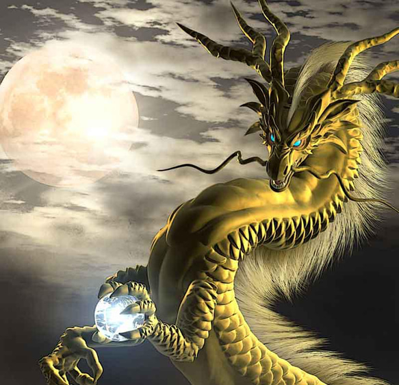 龍の絵「月雲・金龍」自作A4　竜の絵 2枚目の画像